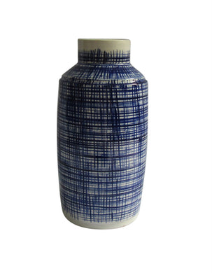 White And Blue Cylindrical Ceramic Vase with Abstract Stripes