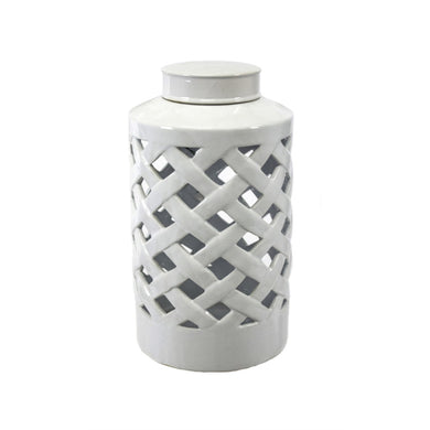 Adorning Ceramic Basket Weave Canister, White
