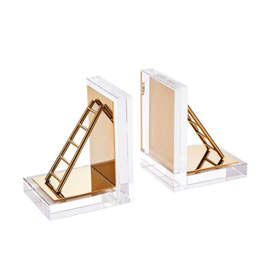 Adorning Metal And Glass Book Ends, Set Of 2, Clear And Gold