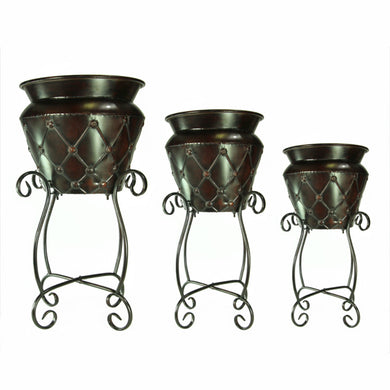 Traditional Dimond Patterned 3Piece Metal Planter, Brown