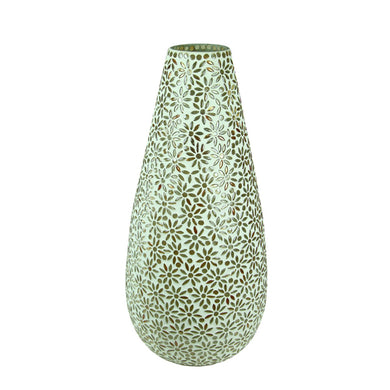 Well-Designed Glass Vase With Mosaic Motif, White And Silver