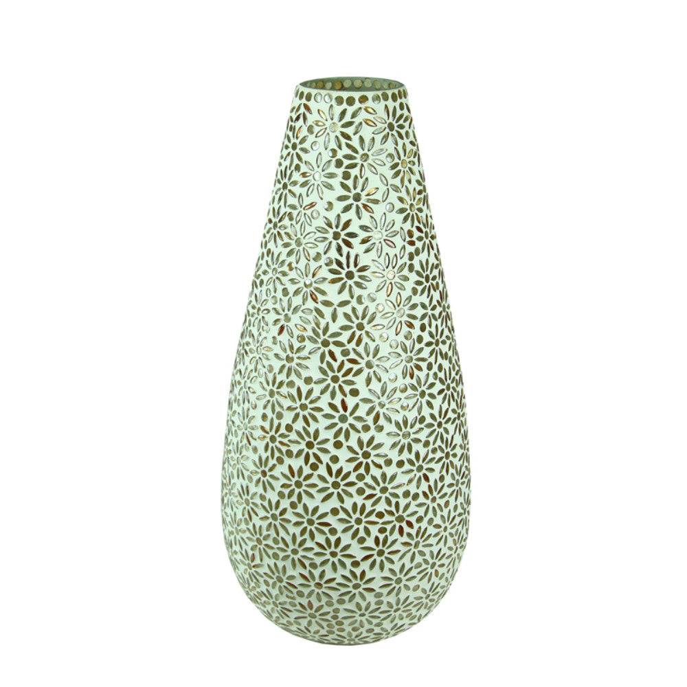 Well-Designed Glass Vase With Mosaic Motif, White And Silver