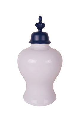 Traditionally  Designed Ceramic Covered Jar, White And Blue