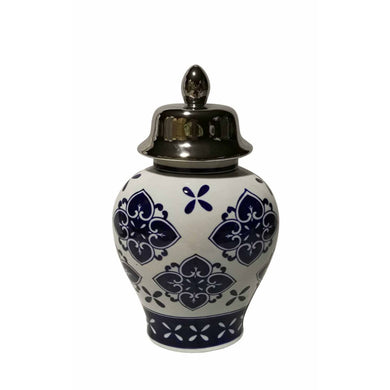 Traditional Ceramic Covered Temple Jar, Blue And White
