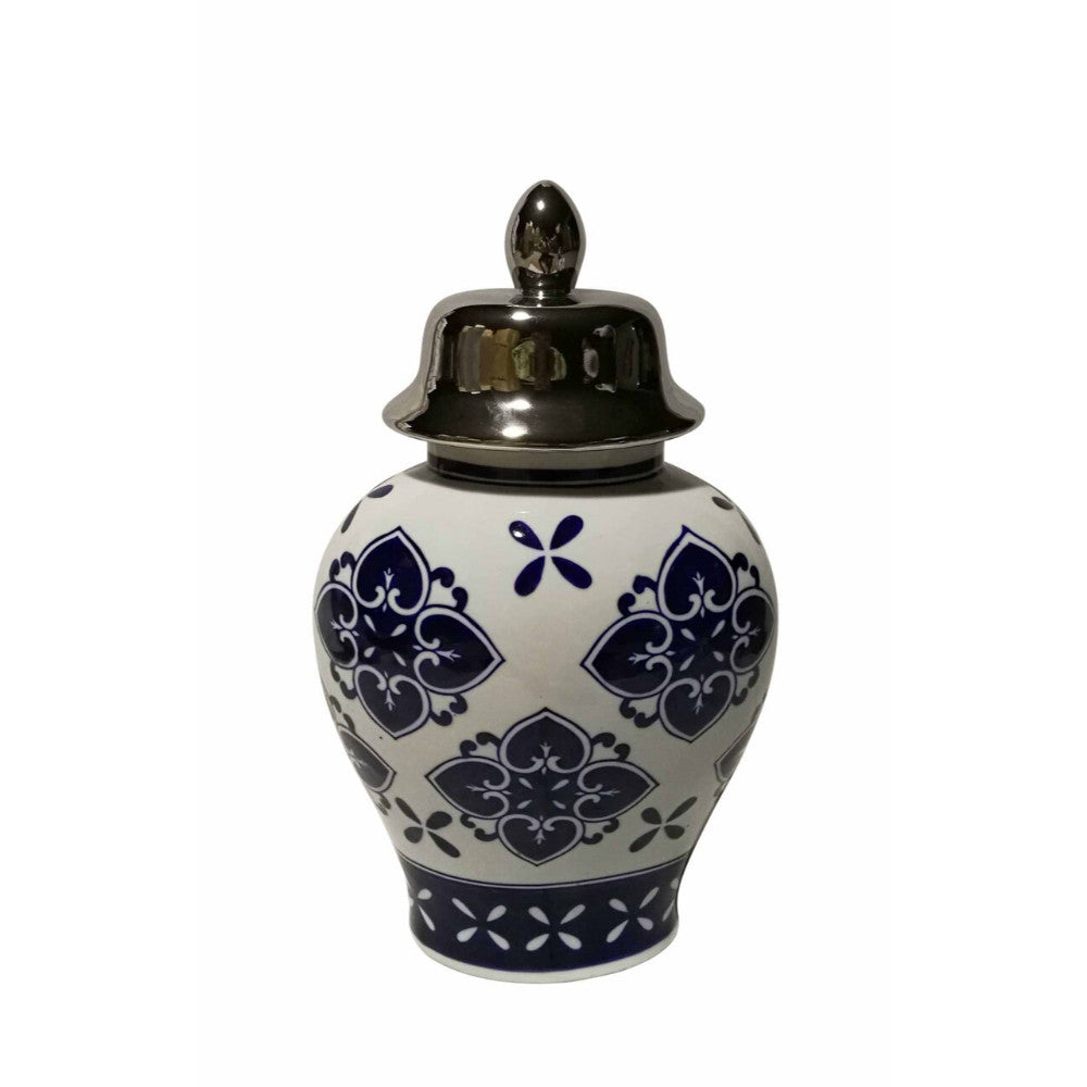 Traditional Ceramic Covered Temple Jar, Blue And White