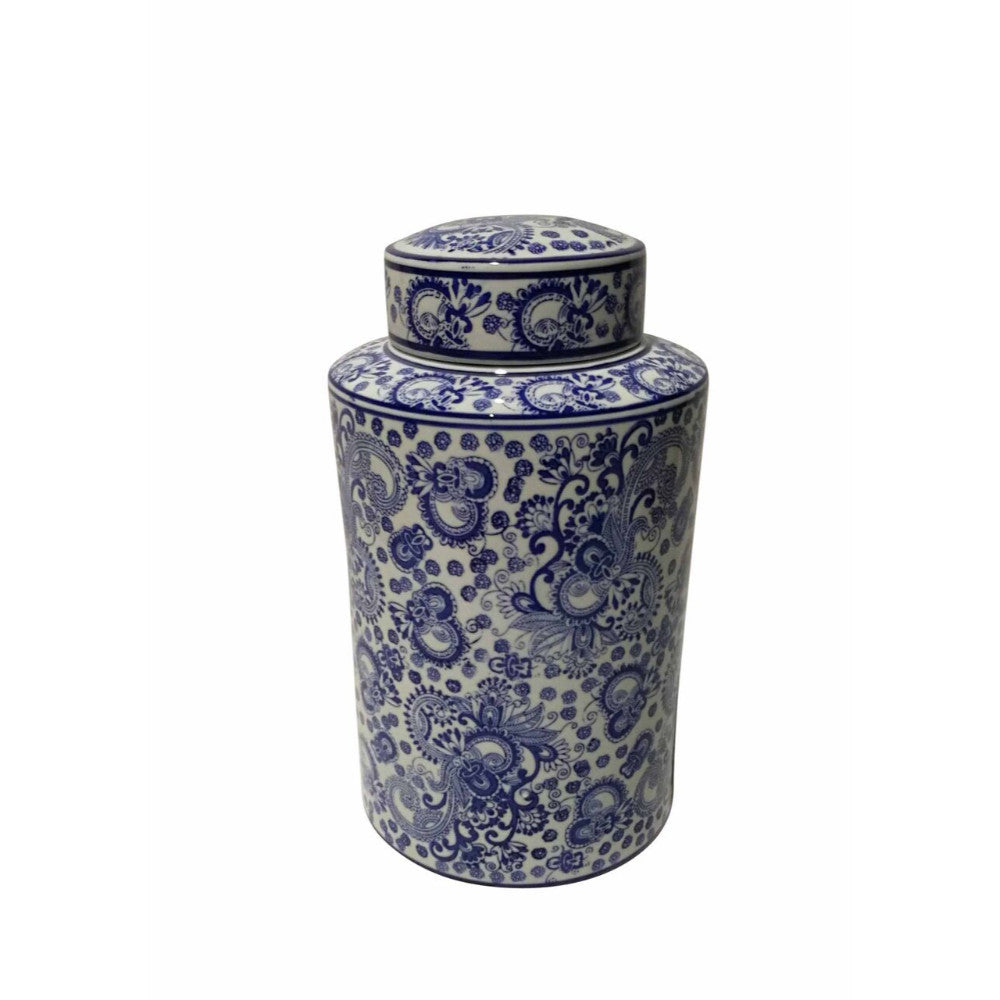 Swirl Patterned Ceramic Covered Jar, Blue And White