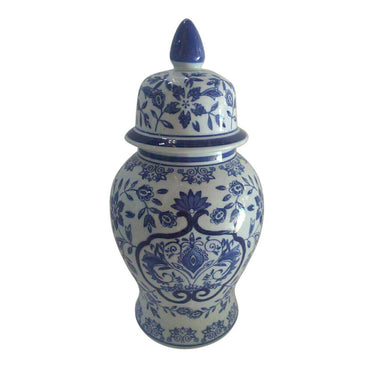 Adorning Ceramic Covered Temple Jar, Blue And White