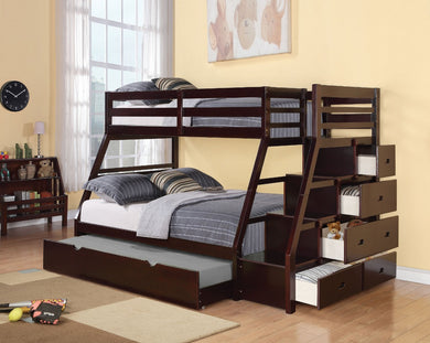 Wooden Twin/Full Bunk Bed With Storage Ladder & Trundle, Espresso Brown