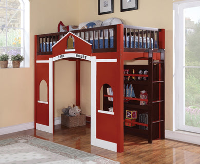 Wooden Firehouse Loft Bed & Bookshelf, Multicolor