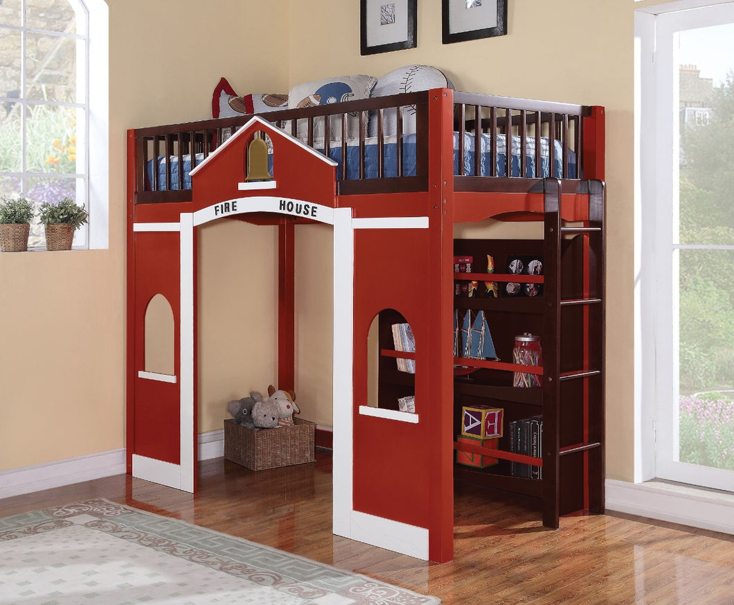 Wooden Firehouse Loft Bed & Bookshelf, Multicolor