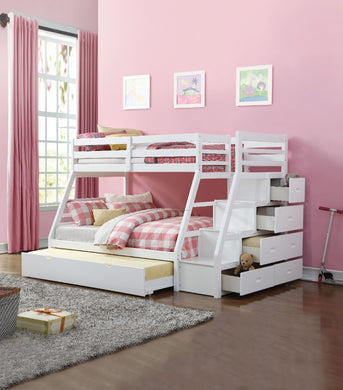 Wooden Twin/Full Bunk Bed With Storage Ladder & Trundle, White