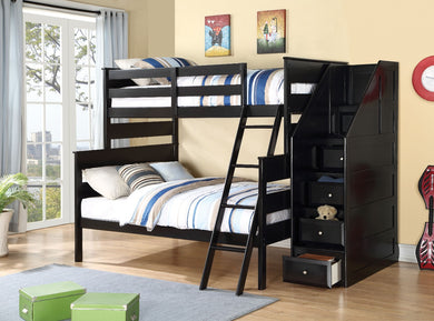 Wooden Twin/Full Bunk Bed with Storage Ladder, Black