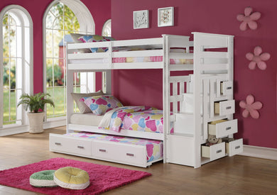 Wooden Twin/Twin Bunk Bed with Storage Ladder & Trundle, White