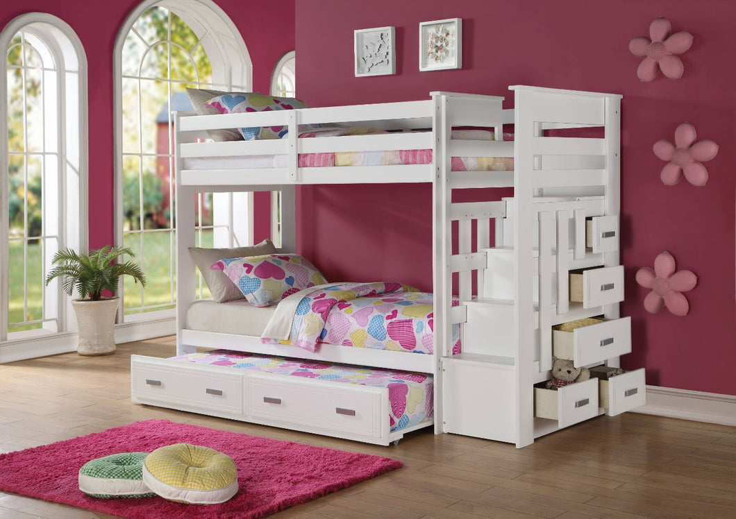 Wooden Twin/Twin Bunk Bed with Storage Ladder & Trundle, White