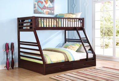 Wooden TwinXL/Queen Bunk Bed with Drawers, Espresso Brown