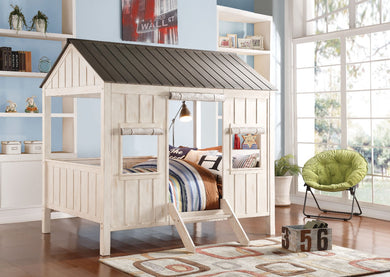 Wooden Cottage Full Bed, Weathered White & Washed Gray