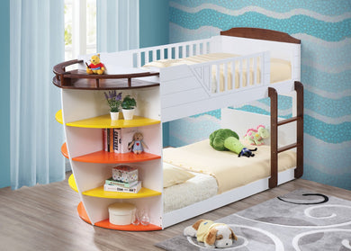 Wooden Twin/Twin Bunk Bed with Storage Shelves, White & Chocolate
