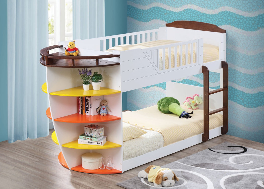 Wooden Twin/Twin Bunk Bed with Storage Shelves, White & Chocolate
