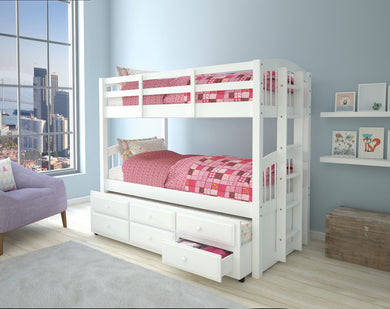 Wooden Twin/Twin Bunk Bed & Trundle with 3 Drawers, White