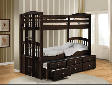 Wooden Twin/Twin Bunk Bed & Trundle with 3 Drawers, Brown