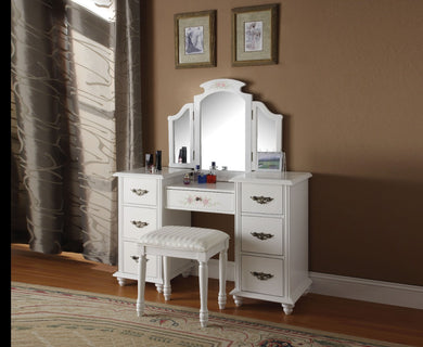 Wooden Vanity Desk with 7 Drawers & Stool, White