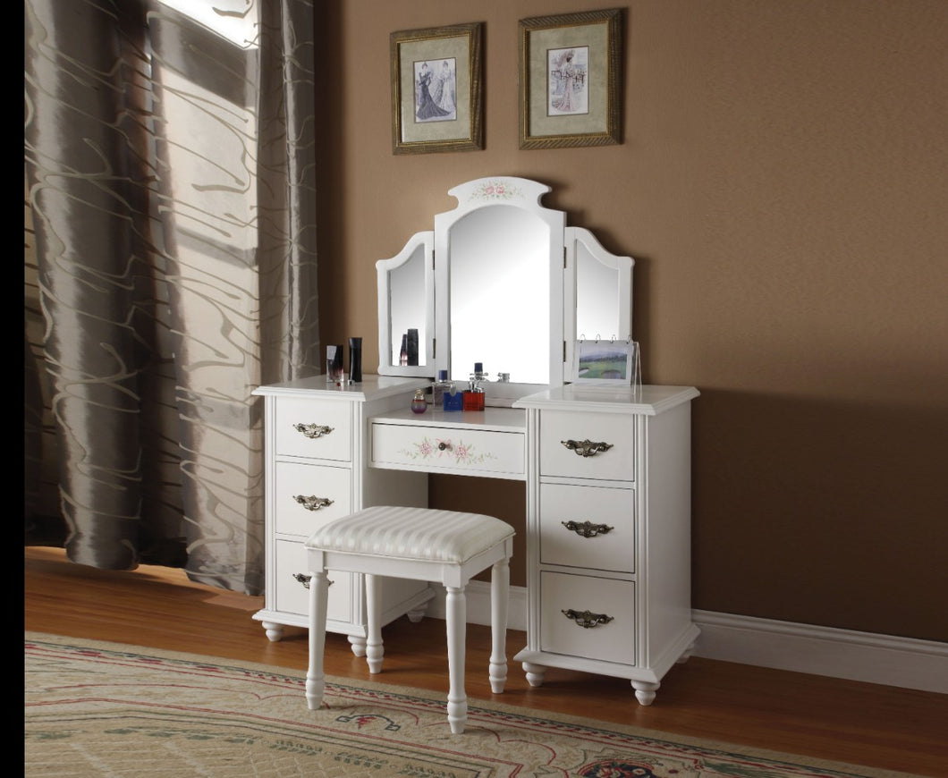 Wooden Vanity Desk with 7 Drawers & Stool, White