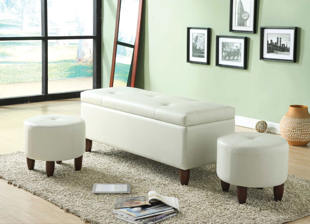 Wood & Polyurethane Storage Bench & 2 Ottomans, 3 Piece Pack, White