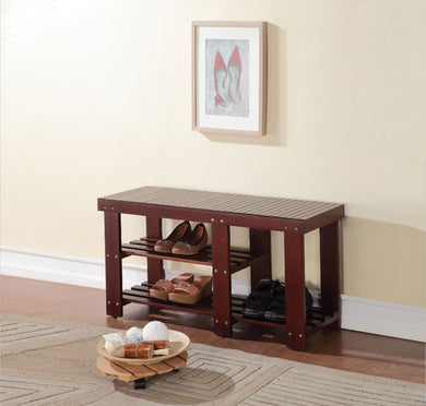 Wooden Bench With 2 Shelves, Dark Walnut Brown