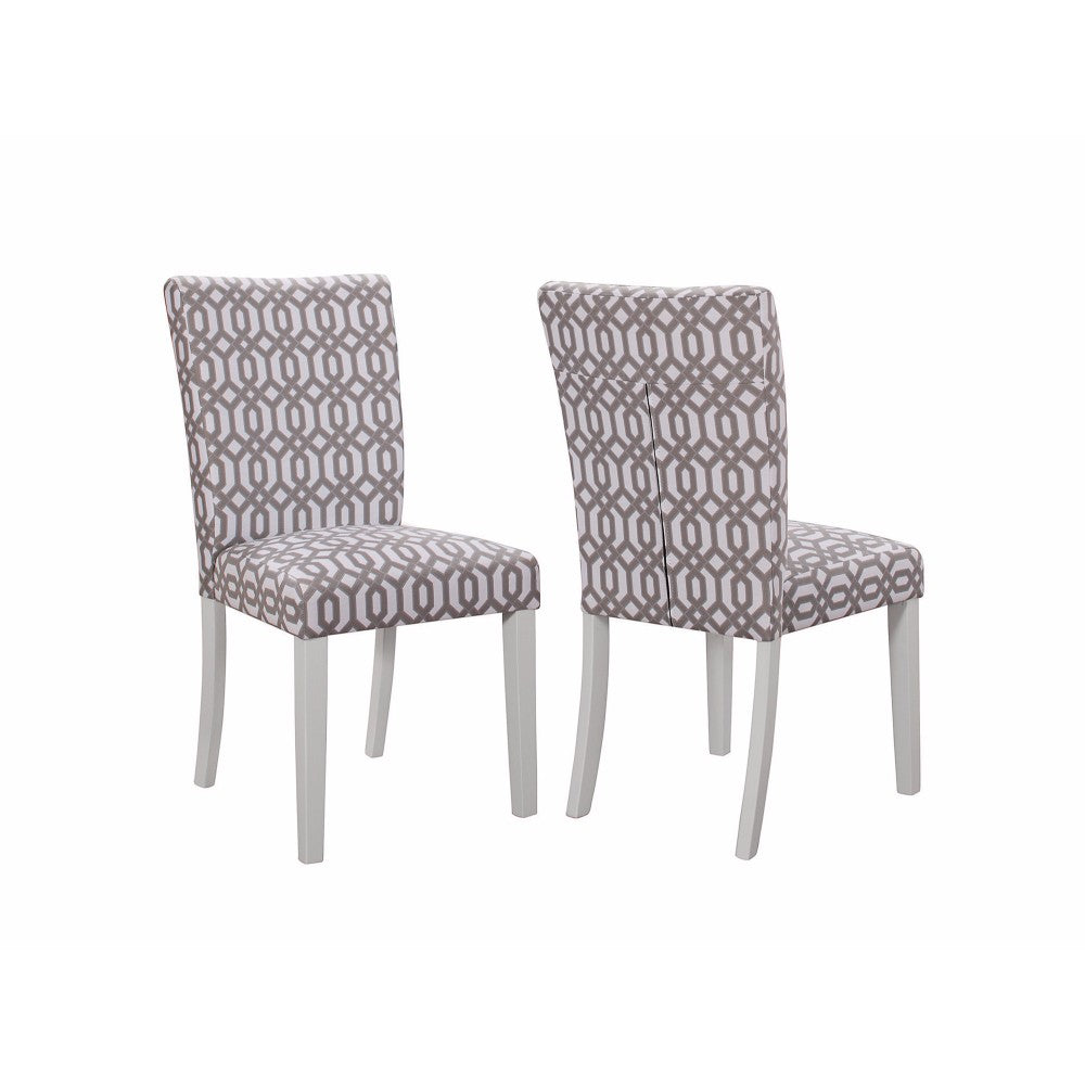 Wooden Upholstered Dining Side Chair, Patterned Fabric, White, Set of 2