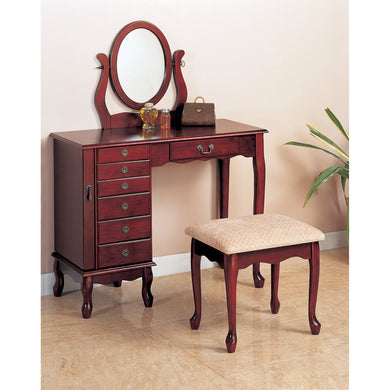 Traditional 2 Piece Vanity Set and Stool with Fabric Seat, Brown