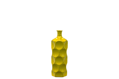 Unique Ceramic Bottle W/ Thin Mouth & Circular Embedded Design Body In Yellow Small