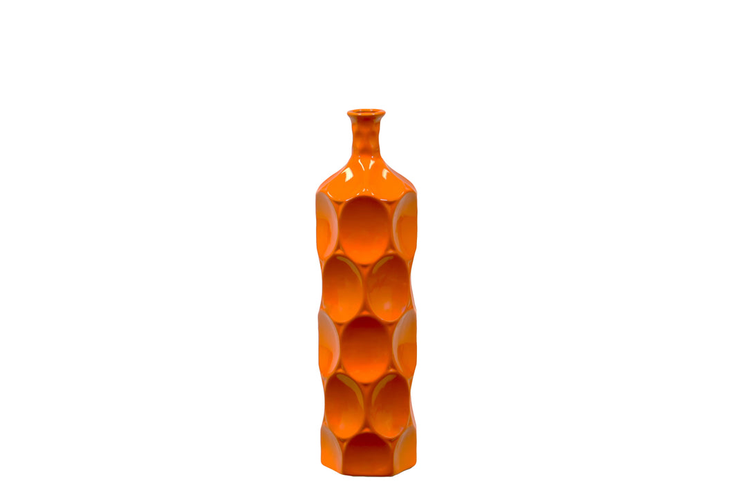Unique Ceramic Bottle W/ Thin Mouth & Circular Embedded Design Body In Orange Medium