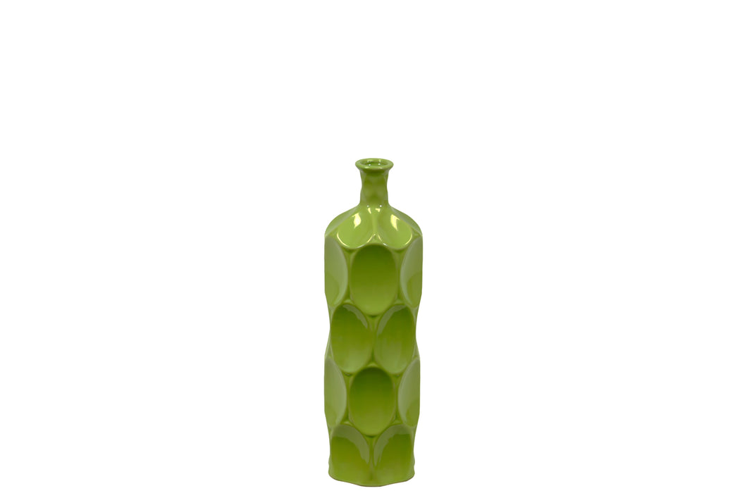Unique Ceramic Bottle W/ Thin Mouth & Circular Embedded Design Body In Green Small