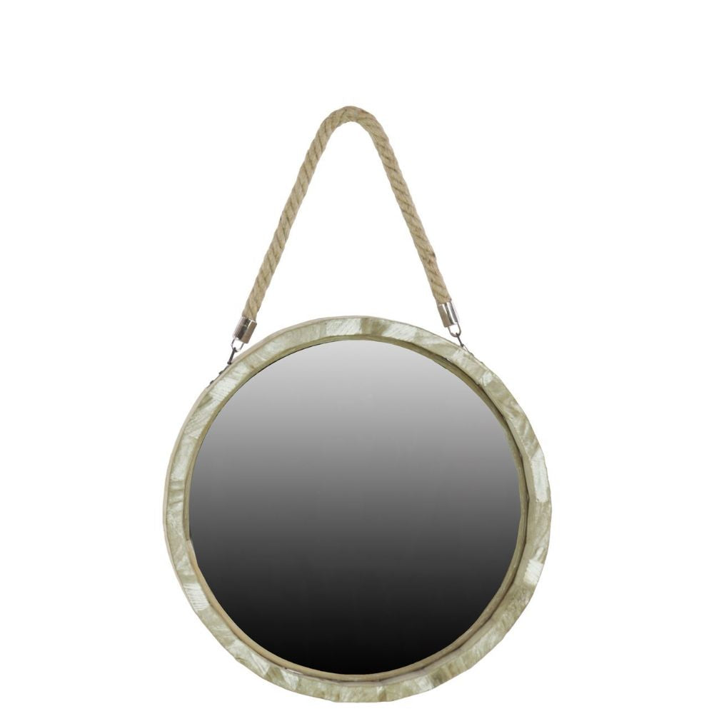 Wood Round Wall Mirror With Small Rope Hanger