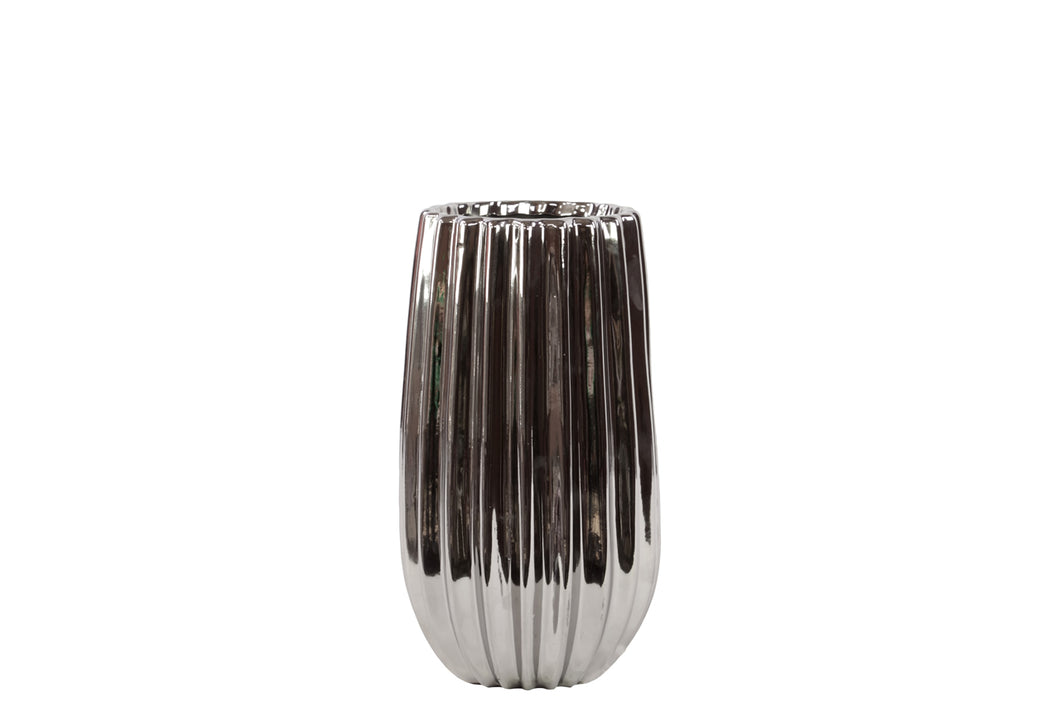Ultra Stylish Ceramic Vase W/ Embossed Lines In Silver Color
