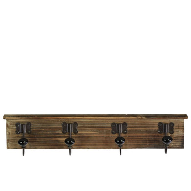 Wood Wall Hanger With 4 Black Ceramic Hooks