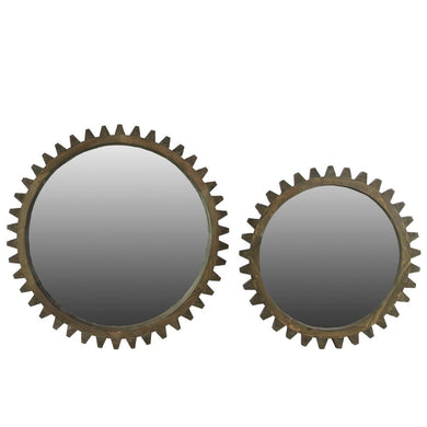 Wooden Wall Mirror With Gear Inspired Frame Set Of Two