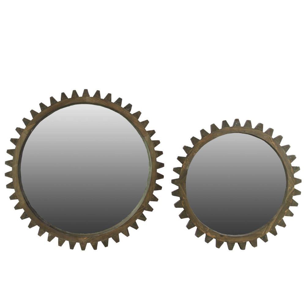 Wooden Wall Mirror With Gear Inspired Frame Set Of Two