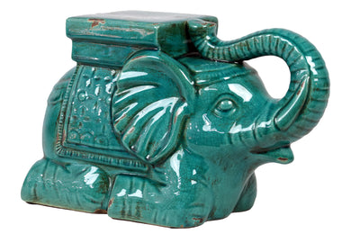Trumpeting Ceramic Elephant W/ Detailed Mount Antique Blue