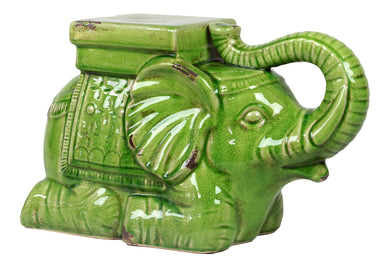 Trumpeting Ceramic Elephant W/ Detailed Mount Antique Green