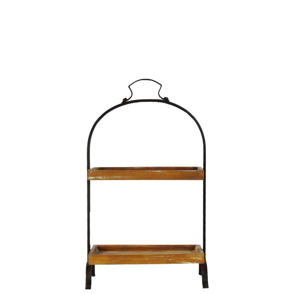 Wood Tray With 2 Tiers Metal Frame And Handle
