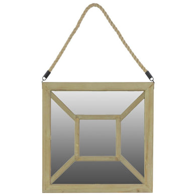 Wooden Square Mirror With Rope Hanger - Natural