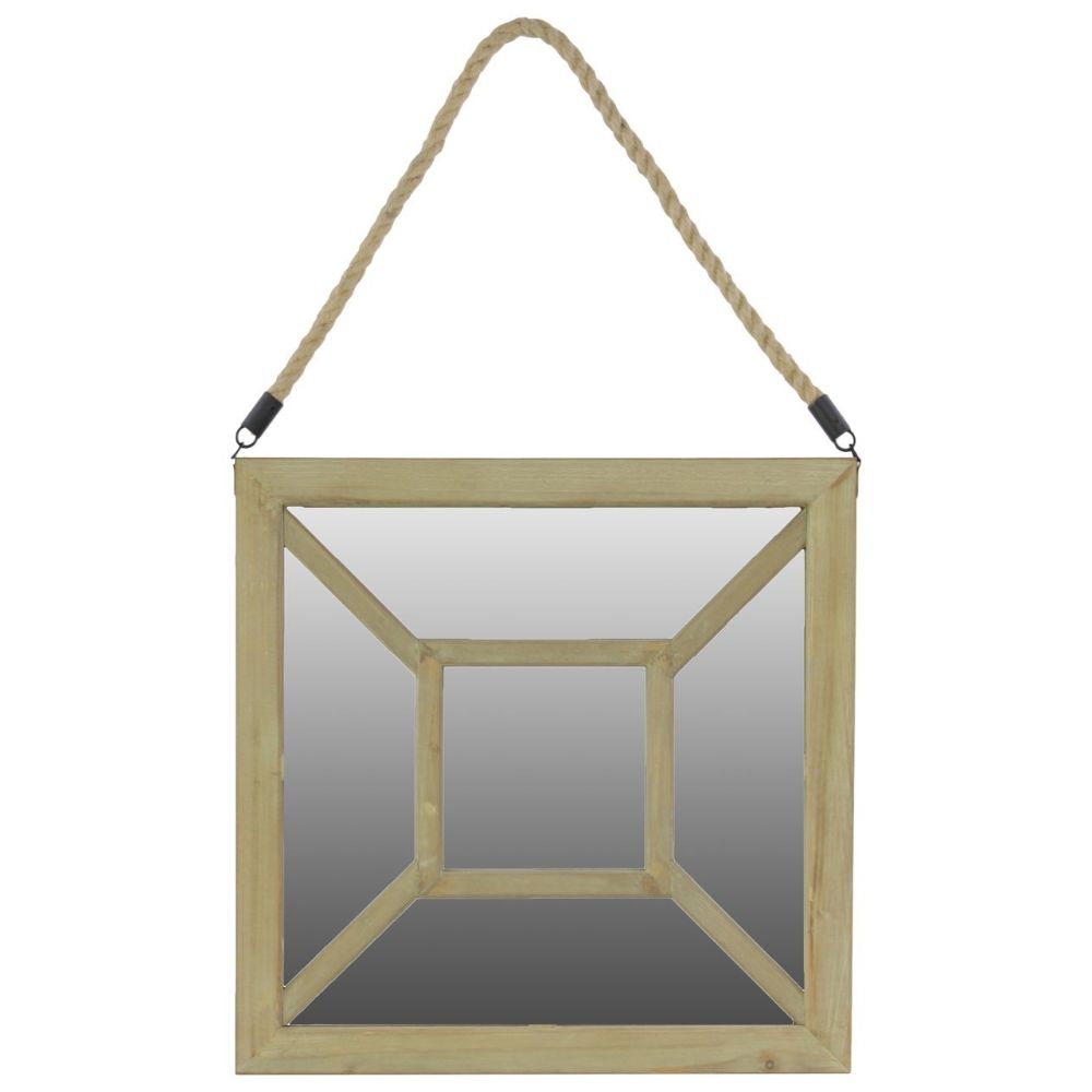 Wooden Square Mirror With Rope Hanger - Natural