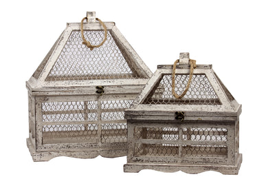 Wooden & Wire Mesh Terrarium Set Of Two W/ Jute Rope Handle