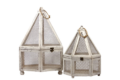 Wooden & Wire Mesh Hexagon Terrarium Set Of Two W/ Jute Rope