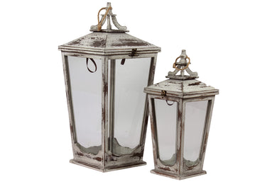 Antique Wooden / Lantern Set Of Two W/ Jute Rope Handle