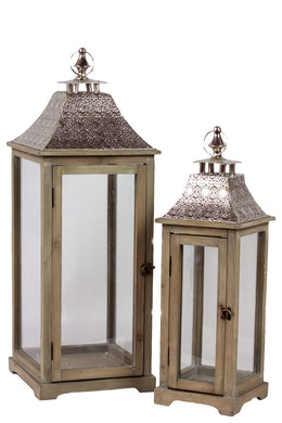 Wooden Lantern W/ Ethnic Design Metal Roof Set Of Two
