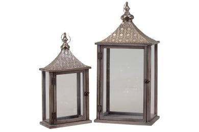 Wooden Lantern Set Of Two W/ Traditional Eastern Designed Metal Roof