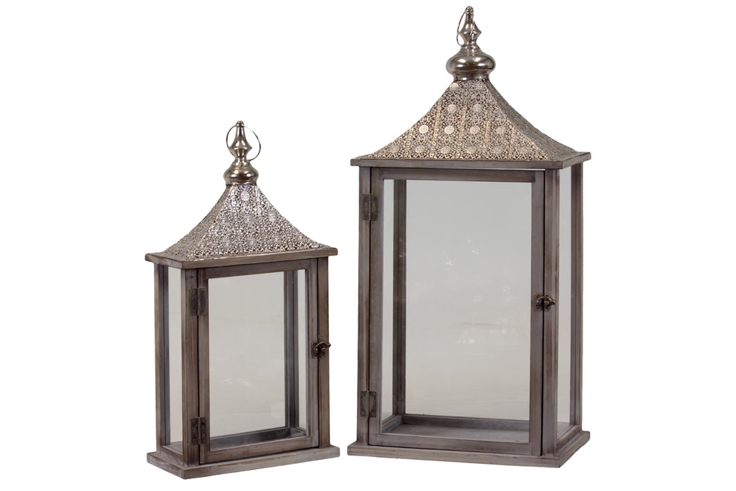 Wooden Lantern Set Of Two W/ Traditional Eastern Designed Metal Roof