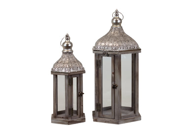 Wooden Lantern Set Of Two W/ Beautifully Elaborated Metallic Roof